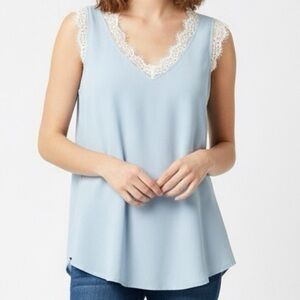 Romantic Hut Light Blue Lace Trim V-Neck Tank Top,‎ Size Small